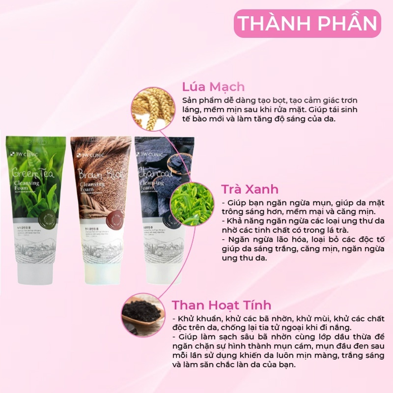 Sữa rửa mặt 3W Clinic 100ml làm sạch da, loại bỏ bụi bẩn, dưỡng sáng và giảm oxy hóa trên da