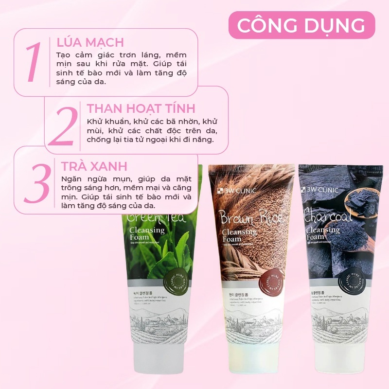 Sữa rửa mặt 3W Clinic 100ml làm sạch da, loại bỏ bụi bẩn, dưỡng sáng và giảm oxy hóa trên da
