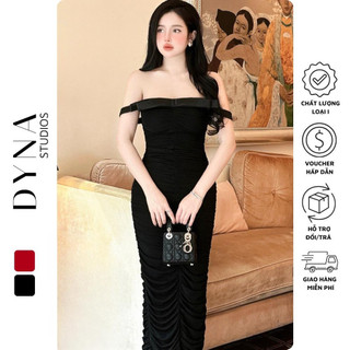Váy lưới body trễ vai 𝐌𝐄𝐈𝐌𝐄𝐈 tạo hình nơ ngực dáng dúm dài tôn dáng