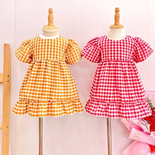 Đầm caro tay phồng chân nhún bèo xinh
