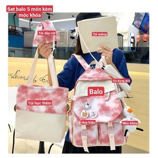 Set 5 Món Balo Đi Học Màu Loang Dễ Thương Vải Canvas Chống Nước Nhẹ