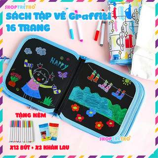 Sách tập vẽ tập viết Graffiti 16 trang tặng kèm 12 bút nhiều màu sắc - Đồ chơi giáo dục phát triển kỹ năng sớm cho bé