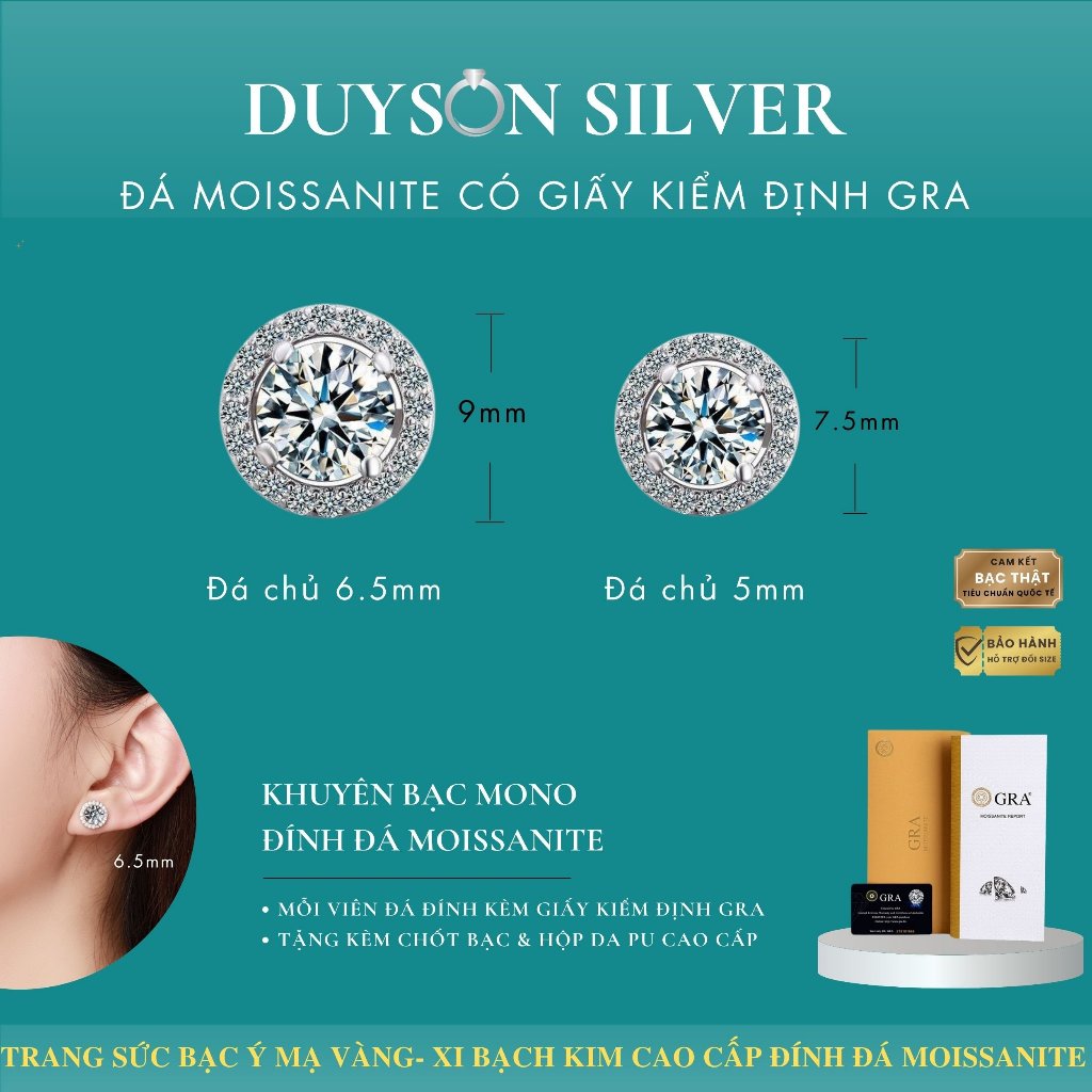 Khuyên tai bạc Ý 925 đính đá kim cương Moissanite kiểm định GRA Mỹ ổ tròn DUYSON SILVER [MOI-K2]
