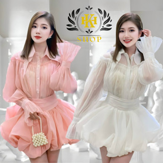 Set váy nữ - Áo sơ mi cổ nhọn kèm chân váy phồng hình bông hoa, Chất vải voan tơ không ngứa, May 2 lớp kèm lót bảo hộ