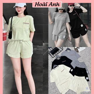 Set Bộ Đồ Nữ Áo THoem Ngắn Tay Xẻ Tà 2 Bên Túi Ngực Mix Quần Sooc Đùi Dây Rút Eo Freesize Form Rộng
