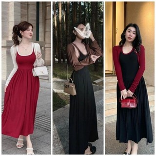 Đầm Maxi Bigsize Viền Trắng Kèm Khoác Cardian Dáng Xòe Xinh Xắn, Đầm 2 Dây Maxi Viền Ngoài Kèm Khoác