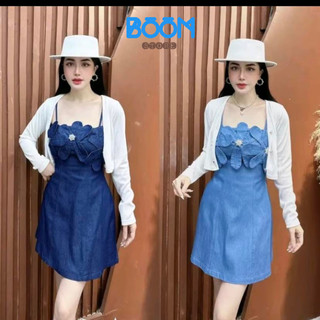 Set váy đầm jean nữ hai dây hoa 3D tag đá,dáng chữ A kèm áo khoác