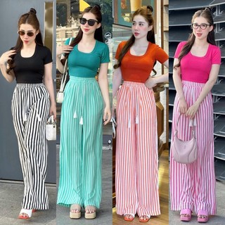 BIGSIZE HIẾU HIẾU (55-95KG) - Set bộ thời trang nữ Áo thun cổ u + Quần dài sọc dáng suông