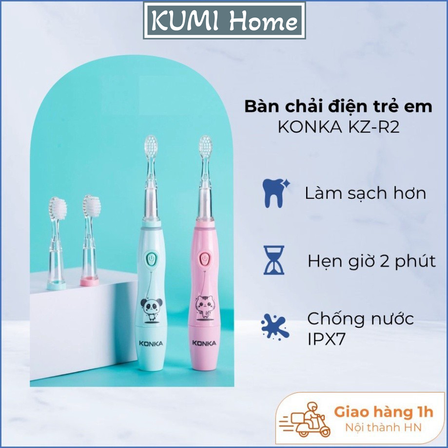 Bàn chải đánh răng điện cho bé KONKA KZ-R2 lông chải mềm rung êm, có chống nước, nhắc hẹn 2 phút, 1 