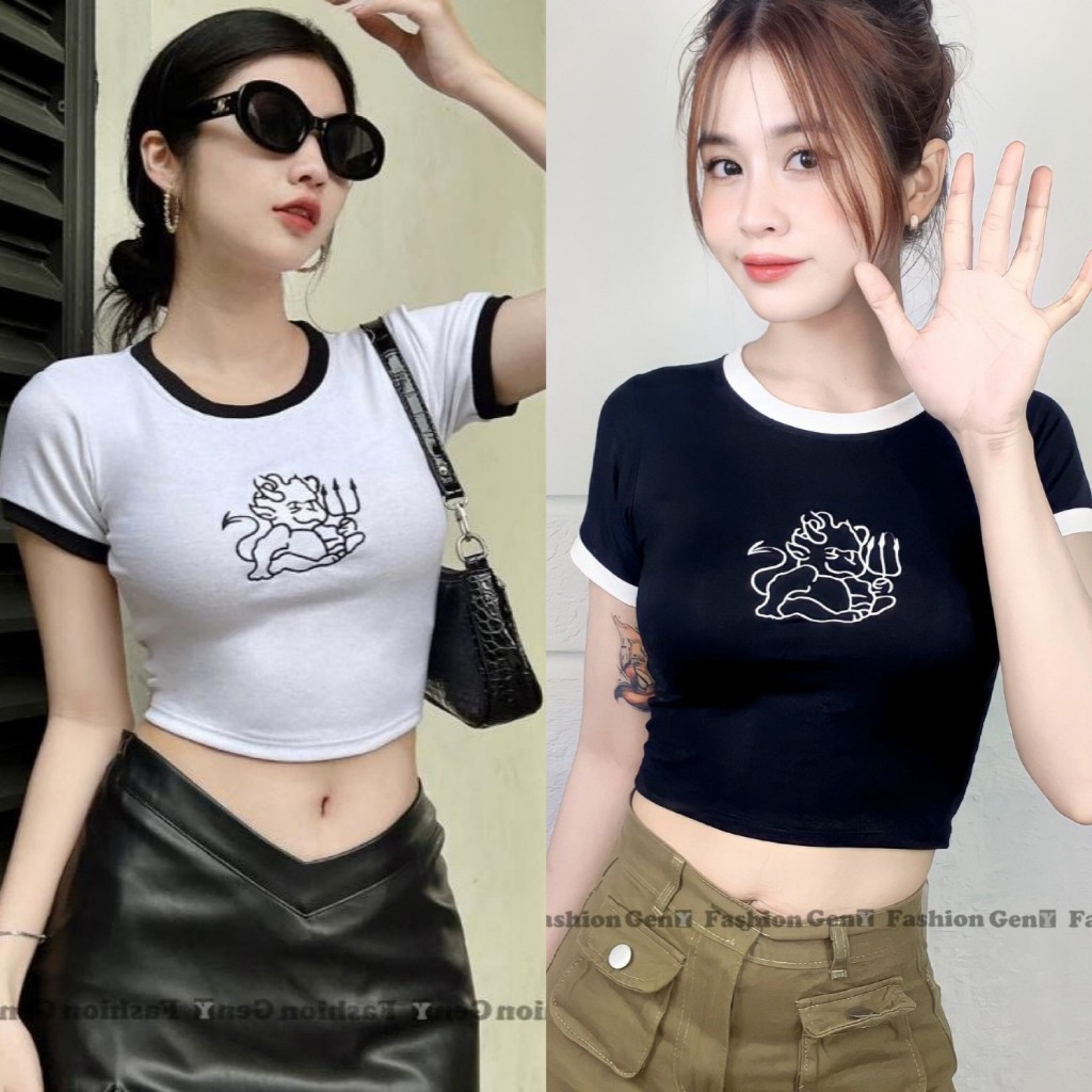 Áo croptop cổ lé ôm body hình in cute giữ ngực logo linh vật Devill ác quỷ đinh ba siêu xinh