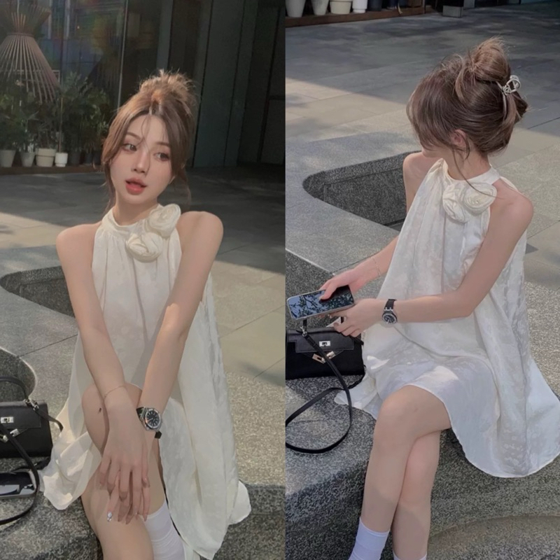 Váy Hoa Thêu Linen Cổ Yếm Kèm Hoa Dáng Suông Hàng 2 Lớp Siêu Xinh V13