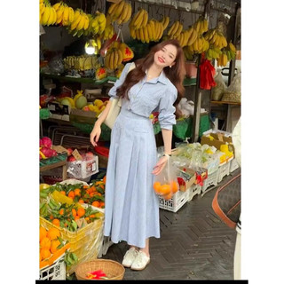 Set váy xanh kẻ tiểu thư