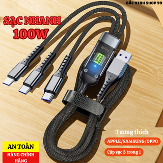Dây cáp sạc nhanh 3 đầu 100w dài 1m2 hỗ trợ sạc nhanh 3 trong 1 chống đứt, chống rối