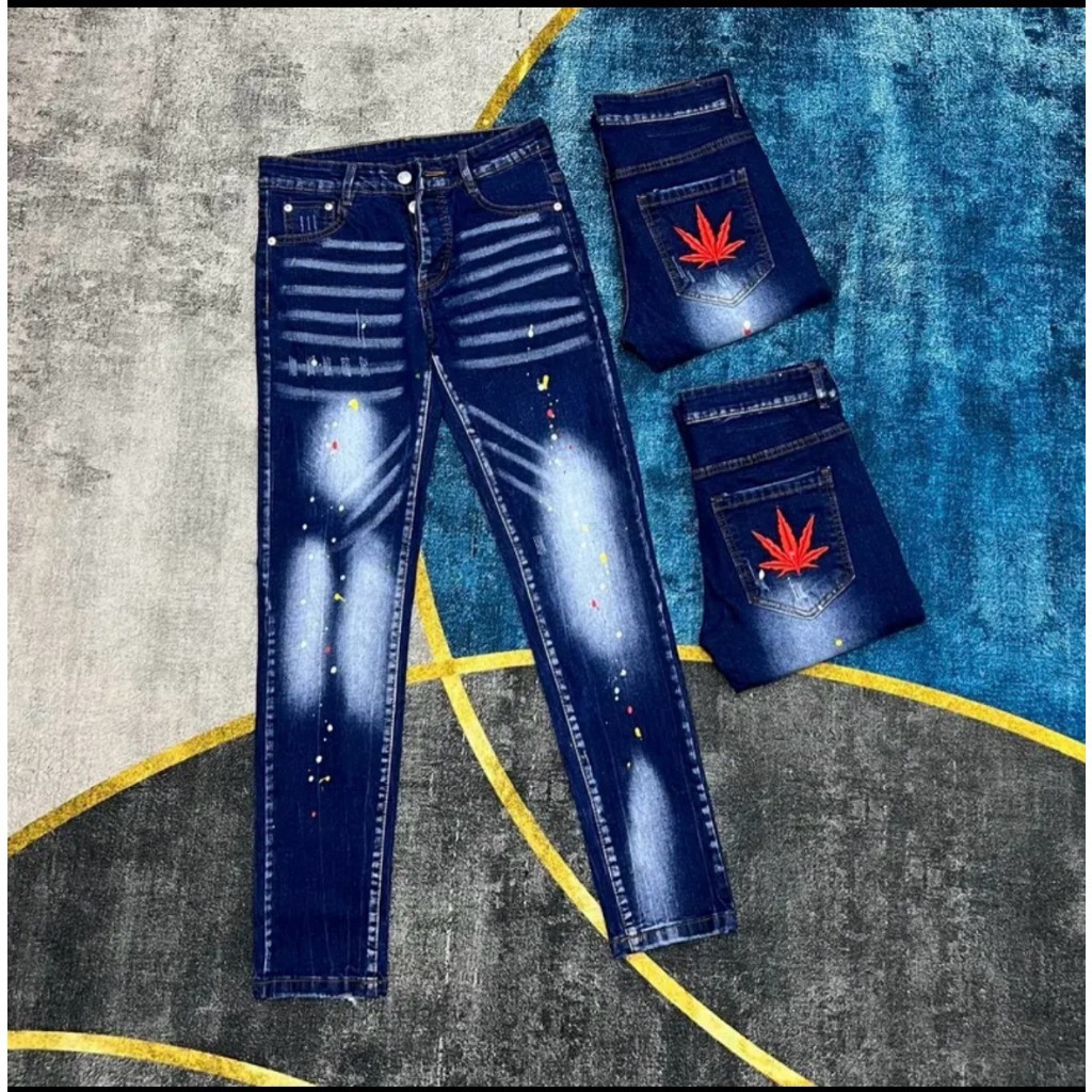 Quần jean nam DSQ màu xanh thêu lá đỏ (5 cánh) from skinny chất bò co dãn 4 chiều-TA