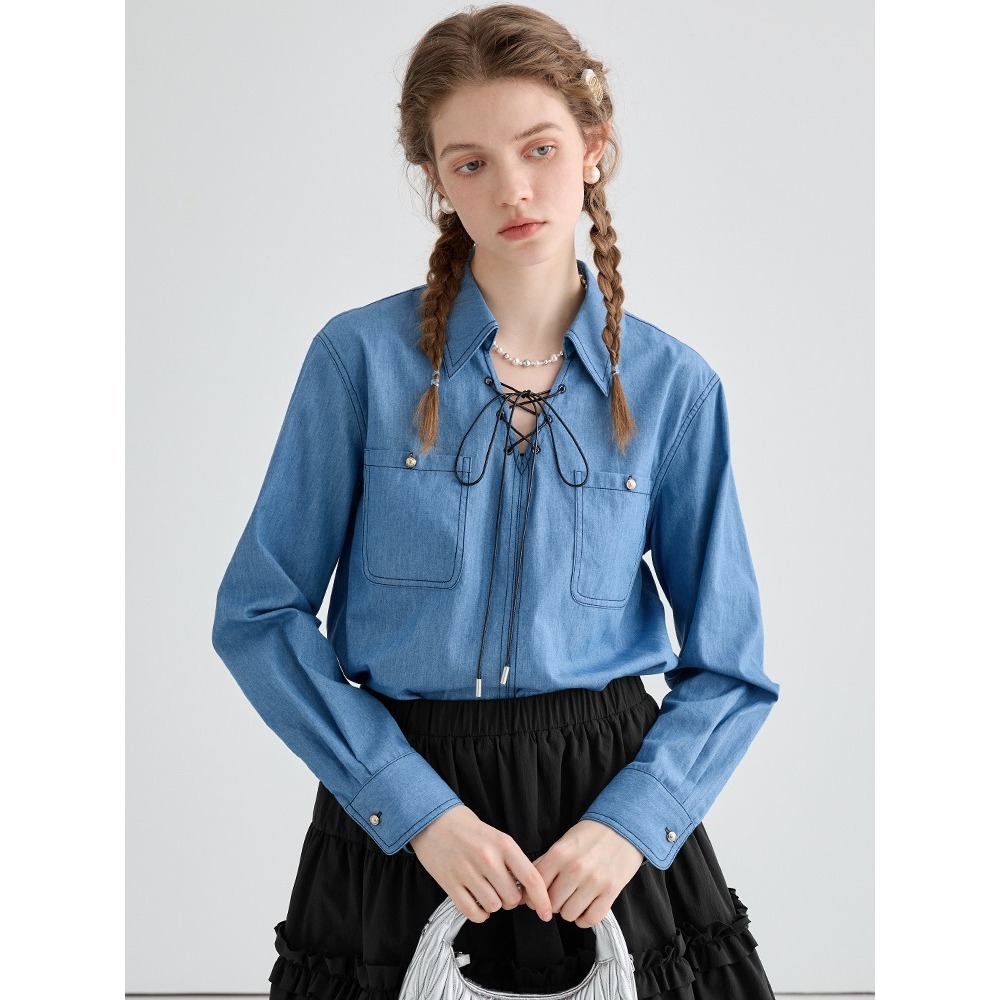 (Sẵn) Áo sơ mi denim buộc dây kiểu retro