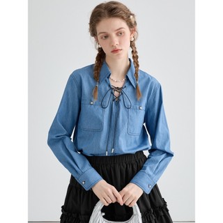 Áo sơ mi denim buộc dây kiểu retro
