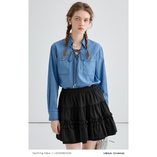 (Sẵn) Áo sơ mi denim buộc dây kiểu retro