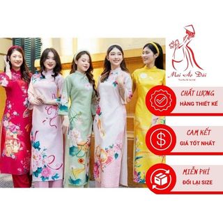 Áo dài cách tân nữ 5 màu vải tơ ánh đỏ 4 tà lót lụa cao cấp,  đủ kích cỡ [40-72kg]-Mai Áo Dài