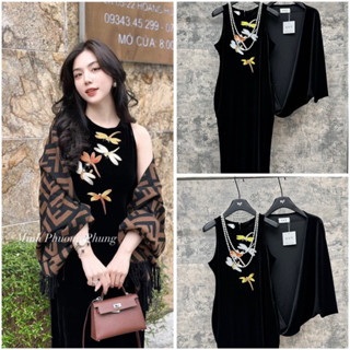 Váy nhung sát nách dáng xuông thêu chuồn chuồn