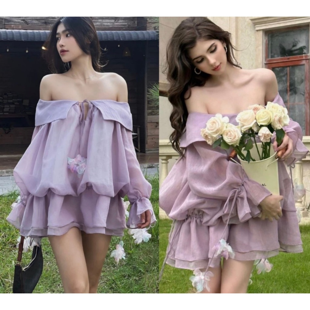 Đầm trễ vai voan tơ thiết kế tay loe Maia Vay322 P0K37