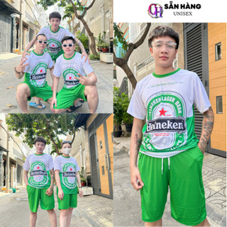 Bộ Thun Lạnh Bia Heineken Xanh Phối Trắng Gồm Áo Cổ Tròn Và Quần Đùi Lưng Thun Có Dây Rút - CHP