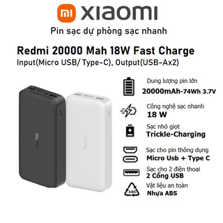 Pin sạc dự phòng Xiaomi Redmi 20000 Mah 74Wh/3.7V Sạc nhanh 18W (Cổng sạc USB) - Hàng chính hãng