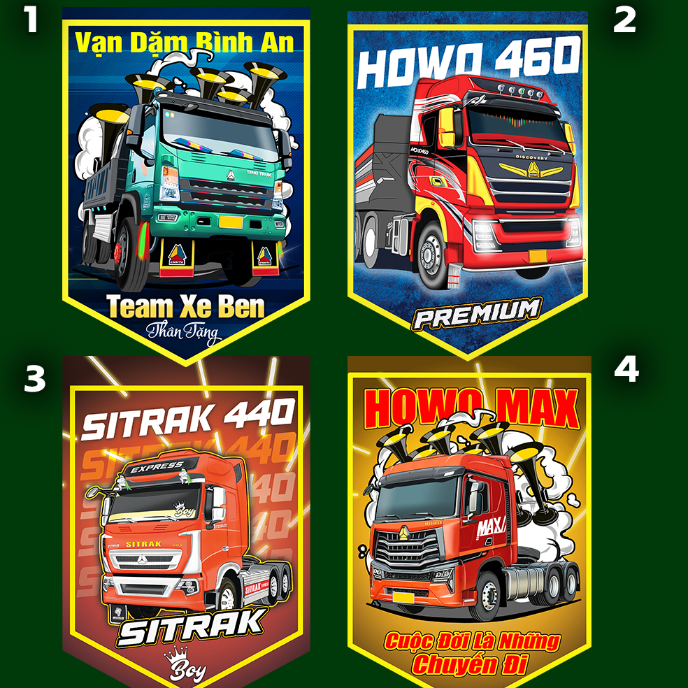 Cờ Đồ Họa Xe Tải Howo Sitrak, A7,  Sitrak 440, Hổ Vồ Ben các mẫu mới 2024, cờ lưu niệm