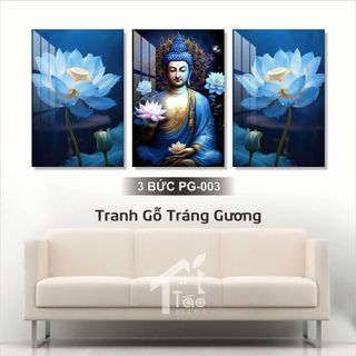 Set 3 bức tranh treo tường gỗ tráng gương Phật và hoa sen, tranh trang trí phòng khách, phòng thờ, Táo Decor