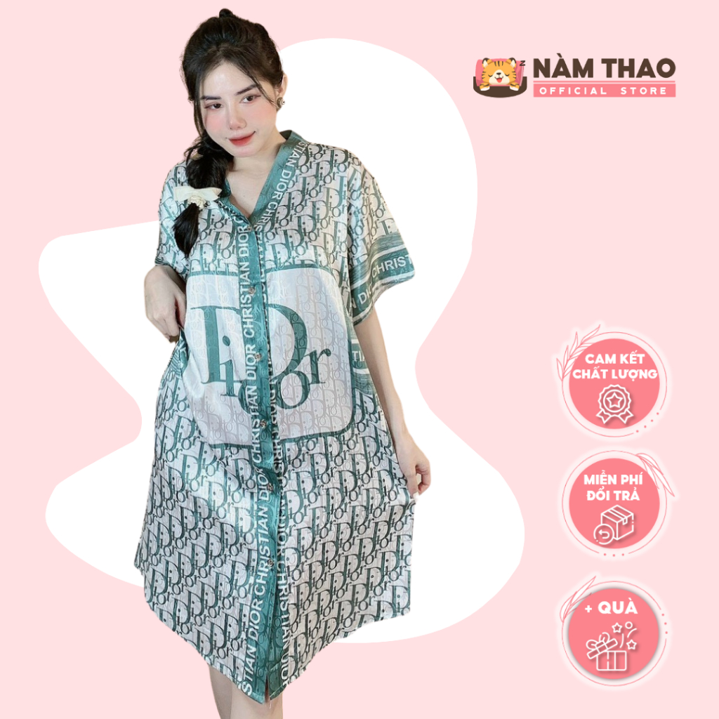 Đầm mặc nhà nữ lụa vân xước cao cấp • Mẫu thiết kế in 5D • Size : 50kg - 75kg | NÀM THAO - NT136