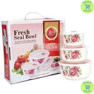 Bộ 3 bát sứ cao cấp, bộ 3 bát sứ có nắp đậy, bộ bát sứ có nắp đậy hút chân không cao cấp, dùng được lò vi sóng