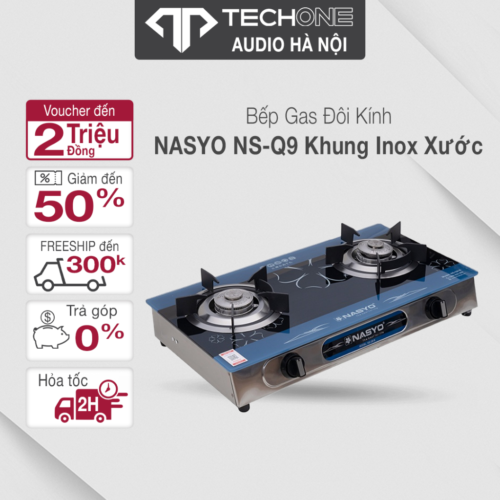 Bếp Gas Đôi Kính Nasyo NS-Q9 Khung INOX Xước Chống Gỉ SUN 430 Kính Cường Lực Cao Cấp 6mm Hàng Chính Hãng