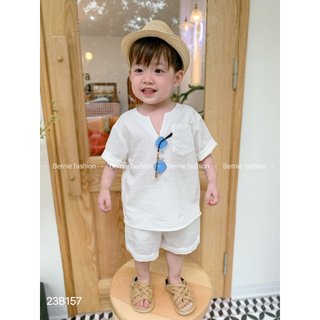 Set sơ mi bé trai màu trắng chất đũi bé mặc đi biển bộ quần áo đi chơi sành điệu 1 đến 7 tuổi Mialy kids