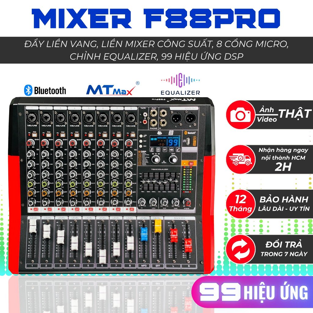 [ Hàng Xịn ] Mixer MTMAX F88Pro - Đẩy Liền Vang Liền Mixer Công Suất - 8 Cổng Micro Chỉnh, Equalizer 99 Hiệu Ứng DSP