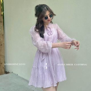 (KÈM DÂY ĐAI) Đầm Babydoll dài tay voan tơ hai lớp dáng xòe D22