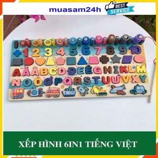 Bộ đồ chơi câu cá, bộ đồ chơi xếp chữ câu cá gỗ đa năng 6in1 tiếng việt ghép bảng số, chữ cái
