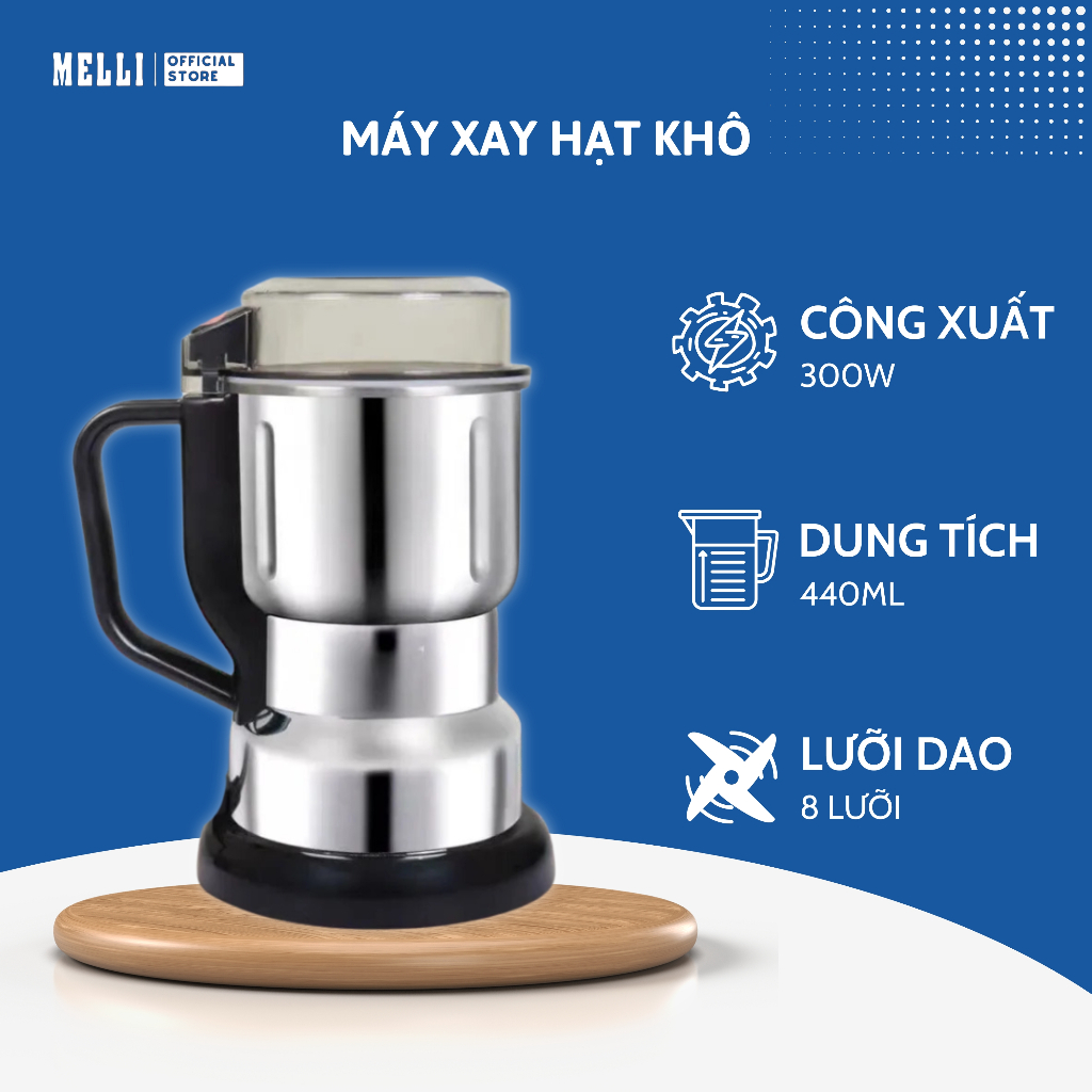 Máy Xay Hạt Khô Siêu Mịn Melli 8 Lưỡi Dao Chất Liệu Inox 304 Cao Cấp Công Suất 300W Nghiền Đồ Khô Cà Phê Bột Ngũ Cốc