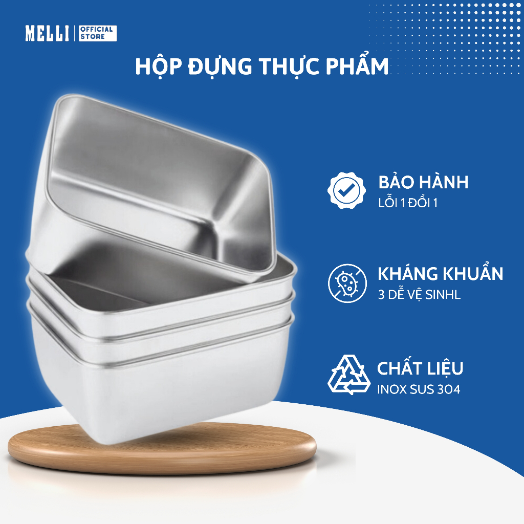 Hộp Đựng Thực Phẩm Inox Melli Chống Rỉ 304 Kèm Nắp Nhựa,  Set 6 Hộp Thực Phẩm Tủ Lạnh Sử Dụng Được Cho Lò Vi Sóng