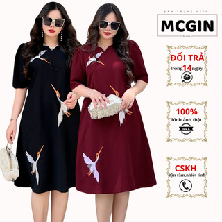 [CG033] Đầm trung niên tặng mẹ MCGIN Thiết kế Bigsize dáng suông thêu Hạc cao cấp dự tiệc | Form suông A che bụng tốt