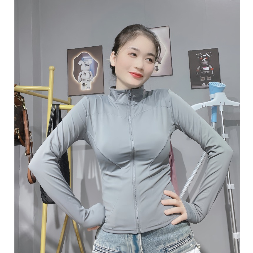 Áo khoác nữ tập gym, yoga chống nắng, chống UV chất dệt kim lạnh thoáng khí co dãn 4 chiều | BigBuy360 - bigbuy360.vn