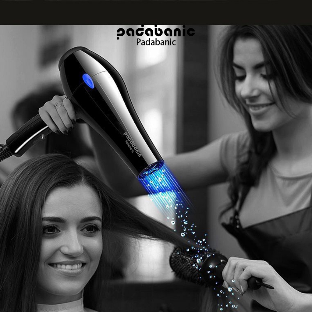 Lược Điện Chải Thẳng Padabanic 9688 Với Máy Sấy Tóc Hai Chiều Nóng Lạnh Phát Sáng Ion Xanh