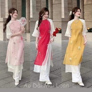Áo Dài 4 Tà Tơ Thêu Hoa
