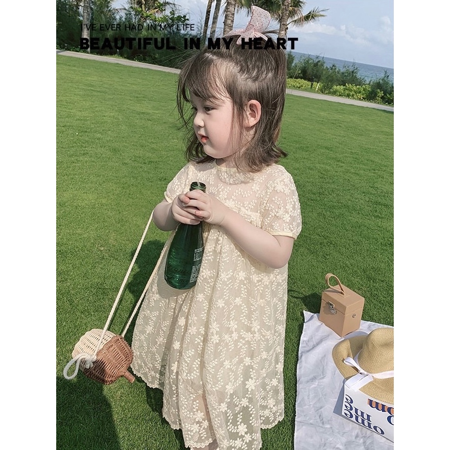 Đầm công chúa voan kem hoa Váy đầm babydoll bé gái