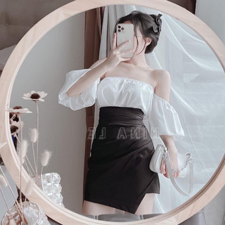 Sét bộ áo trễ vai và chân váy vạt tôn dáng