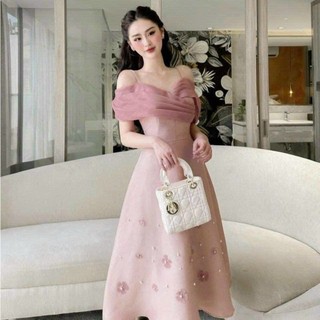  Đầm thời trang nữ sang trọng chất tapta cổ V hai dây trễ vai đính cườm nổi bật dáng váy xoè ôm eo tôn dáng dài midi 