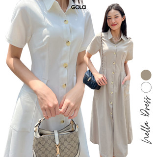 Đầm nella - đầm dáng dài cổ sơ mi phối nút