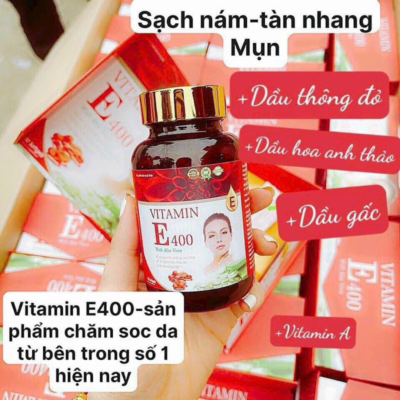 ✅Viên uống trắng da mờ nám VITAMINE400 With Aloe Vera Tinh dầu thông đỏ , tinh dầu hoa anh thảo Vitamin E đỏ-Hộp 30 viên