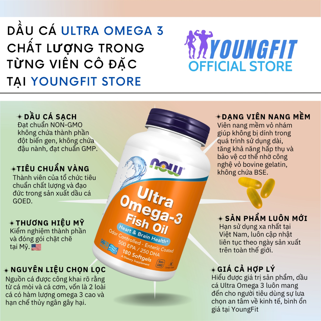 Viên Uống Dầu Cá Ultra Omega 3 Now Cô Đặc Bovine Gelatin Giảm Viêm Hỗ Trợ Tim Mạch (180 viên) - YoungFit
