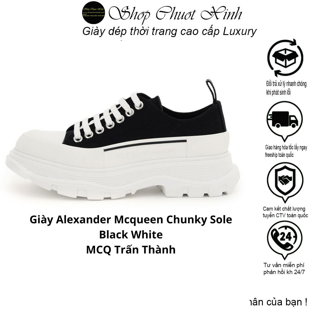 Giày mcq trấn thành đen trắng, Giày Alexander McQueen Tread Slick Lace Up 'Black White' full size nam nữ đủ phụ kiện