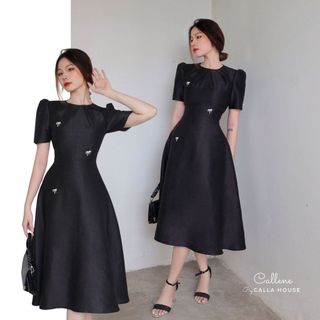 Đầm dự tiệc thiết kế đính nơ đá cổ xếp ly dáng xòe chất tafta cao cấp sang trọng