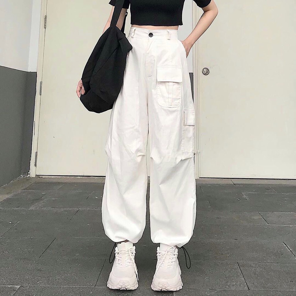 Quần hộp kaki Quần hộp unisex cá tính rộng rãi, cạp cao ống bo dây rút
